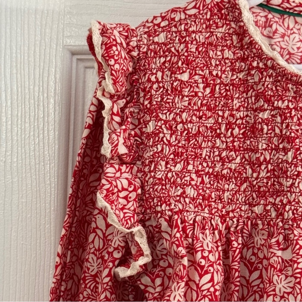 Mini Boden Girl Red Smocked Floral Ruffled Long Sleeve Top - Picture 3 of 9